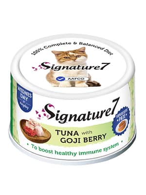 0653871285351.jpg 80 gr. Signature7 pasteet igas vanuses kassidele tuunikala, kanaliha ja goji marjadega