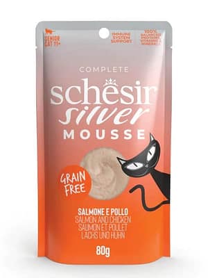 L-00715 80 gr. Schesir Silver teraviljavaba vaht eakatele kassidele lõhega ja kanaga