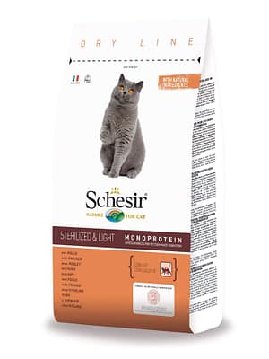 schesir-sterilized-light 1,5 kg. Schesir täissööt steriliseeritud/kastreeritud või kaaluprobleemidega täiskasvanud kassidele kanalihaga