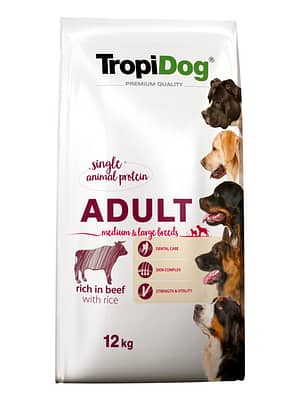 5900469570777.jpg 12 kg. TropiDog Premium täissööt keskmist-ja suurt kasvu täiskasvanud koertele veiseliha & riisiga