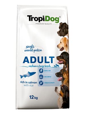 5900469571170.jpg 12 kg. TropiDog Premium täissööt täiskasvanud keskmist-ja suurt kasvu koertele lõhe & riisiga