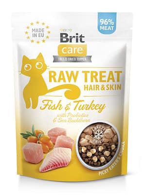 8595602569564.jpg Brit Care Raw Hair & Skin külmkuivatatud teraviljavaba maius kassidele kalkunilihast ja lõhest 40 gr.