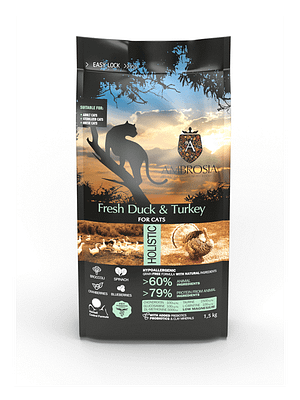 1,5 kg. Ambrosia teraviljavaba täissööt steriliseeritud/kastreeritud täiskasvanud kassidele värske pardi- ja kalkunilihaga