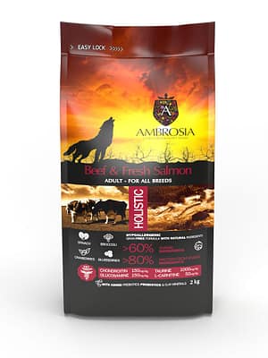 Ambrosia-Adult-All-Breeds-Beef-Fresh-Salmon-2-kg-1 12 kg. Ambrosia teraviljavaba täissööt igas suuruses täiskasvanud koertele veiseliha ja värske lõhega