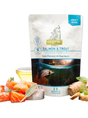 lõhe ja forell 410 gr. Isegrim Roots teraviljavaba konservsööt täiskasvanud koertele lõhe & forelliga