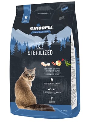 4015598018159.jpg 1,5 kg. Chicopee HNL teraviljavaba täissööt steriliseeritud/kastreeritud või ülekaalulistele täiskasvanud kassidele linnulihaga