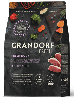 Grandorf-dog-fresh-Duck-mini 1 kg. Grandorf Fresh teraviljavaba täissööt väikest kasvu täiskasvanud koertele värske pardiliha ja bataadiga