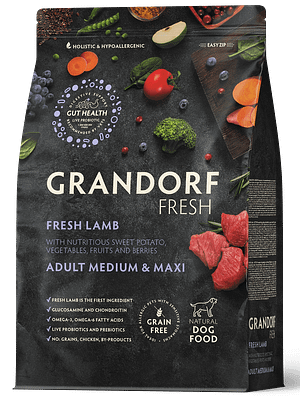 Grandorf-dog-fresh-lamb-medium-and-maxi 3 kg. Grandorf Fresh teraviljavaba täissööt keskmist-ja suurt kasvu täiskasvanud koertele värske lambaliha ja bataadiga