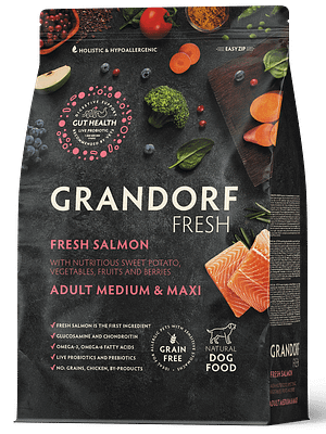 Grandorf-dog-fresh-salmon-medium-and-maxi 10 kg. Grandorf Fresh teraviljavaba täissööt täiskasvanud keskmist-ja suurt kasvu koertele värske lõhefilee ja bataadiga