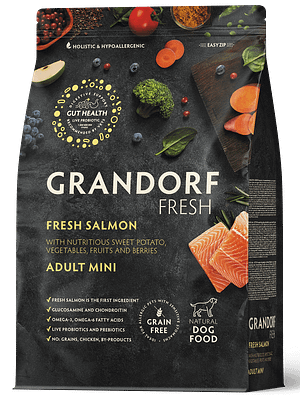 Grandorf-dog-fresh-salmon-mini 1 kg. Grandorf Fresh teraviljavaba täissööt väikest kasvu täiskasvanud koertele värske lõhefilee ja bataadiga