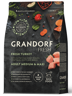 Grandorf-dog-fresh-turkey-medium-and-maxi 10 kg. Grandorf Fresh teraviljavaba täissööt keskmist-ja suurt kasvu täiskasvanud koertele värske kalkuni ja bataadiga