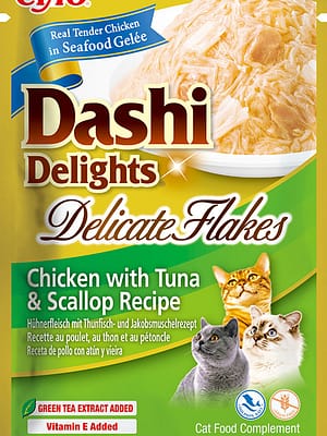 EU896 40 gr. Inaba Dashi Delights Delicate Flakes kanaliha, tuunikala ja kammkarbiga konservsööt kassidele