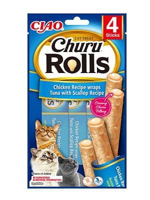 8859387700773.jpg Churu Rolls teraviljavaba kassimaius kana, tuunikala ja kammkarbiga 4 x 10 gr.