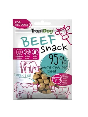 5900469544112.jpg TropiDog Beef Snack teraviljavaba ühe valgu baasil treeningmaius koertele ( veiseliha) 70 gr.