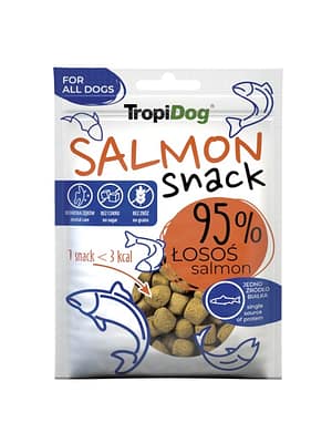 5900469544419.jpg TropiDog Salmon Snack teraviljavaba ühe valgu baasil ehk lõhega treeningmaius koertele 70 gr.
