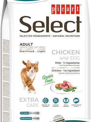 8436011151363-1.jpg 2 kg. Select Adult Sterilised/Light teraviljavaba täissööt steriliseeritud/kastreeritud või kaaluprobleemidega täiskasvanud kassidele