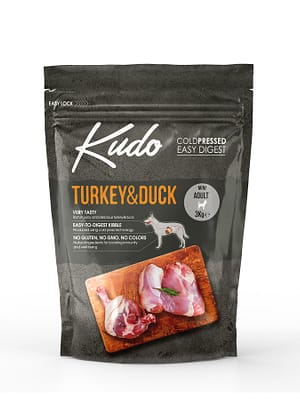 8606109019664.jpg 3 kg. Kudo Turkey & Duck Mini külmpressitud täissööt väikest kasvu täiskasvanud koertele kalkuni-ja pardilihaga