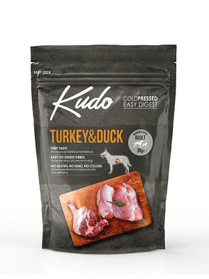 8606109019725.jpg 3 kg. Kudo Turkey & Duck külmpressitud täissööt keskmist ja suurt kasvu täiskasvanud koertele kalkuni-ja pardilihaga