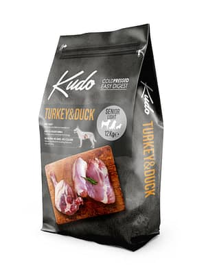 8606109019770.jpg 12 kg. Kudo Turkey & Duck Senior Light külmpressitud täissööt eakatele või kaaluprobleemidega täiskasvanud koertele kalkuni-ja pardilihaga