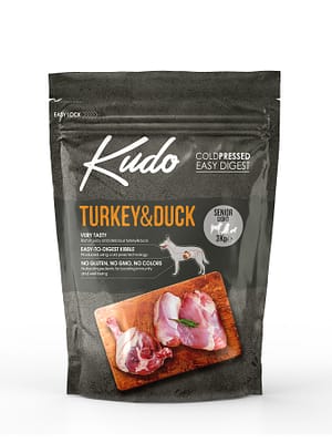 8606109019787.jpg 3 kg. Kudo Turkey & Duck Senior Light külmpressitud täissööt eakatele või kaaluprobleemidega täiskasvanud koertele kalkuni-ja pardilihaga
