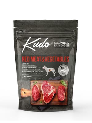 8606109019930.jpg 3 kg. Kudo Red Meat & Vegetables külmpressitud täissööt keskmist ja suurt kasvu täiskasvanud koertele punase lihaga