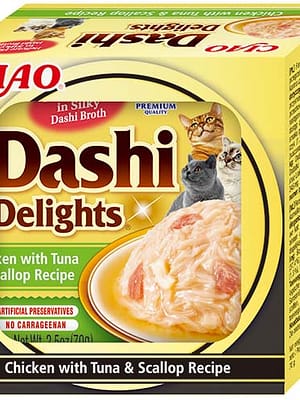 4262365730619.jpg 70 gr. Inaba Dashi Delights Chicken with Tuna & Scallop teraviljavaba konservsööt kassile kana, tuunikala & kammkarbiga