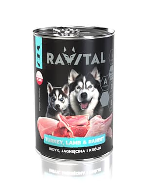 5905910454392.jpg 400 gr. Ravital teraviljavaba konservsööt kutsikatele, tiinetele ja imetavatele koertele kalkuni-, lamba-ja küülikulihaga