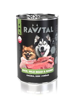 5905910454439.jpg 400 gr. Ravital gluteenivaba konservsööt täiskasvanud koertele pardi-,metssea-ja küülikulihaga