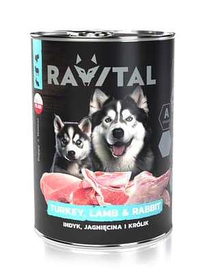 5905910454453.jpg 800 gr. Ravital teraviljavaba konservsööt kutsikatele, tiinetele ja imetavatele koertele kalkuni-, lamba-ja küülikulihaga