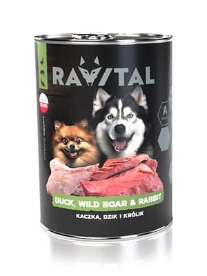 5905910454491.jpg 800 gr. Ravital gluteenivaba konservsööt täiskasvanud koertele pardi-,metssea-ja küülikulihaga