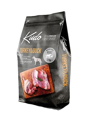 8606109019718.jpg 12 kg. Kudo Turkey & Duck külmpressitud täissööt keskmist ja suurt tõugu täiskasvanud koertele kalkuni & pardilihaga