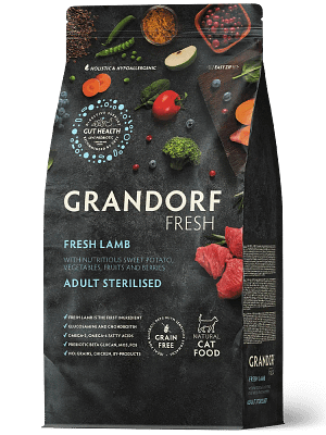 GD-cat-fresh-lamb-and-sweet-potato-adult-steriliszed 2 kg. Grandorf Cat Fresh teraviljavaba täissööt täiskasvanud steriliseeritud/kastreeritud kassidele värske lambaliha & bataadiga