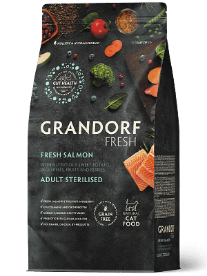 GD-cat-fresh-salmon-and-sweet-potato-adult-steriliszed 2 kg. Grandorf Cat Fresh teraviljavaba täissööt täiskasvanud steriliseeritud/kastreeritud kassidele värske lõhe & bataadiga