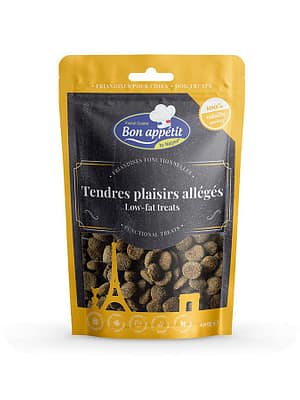 friandises-bon-appetit-tendres-plaisirs-alleges-1 BON APPETIT pehmed vähese rasvaga treeningmaiused koertele kanalihaga 150 gr.