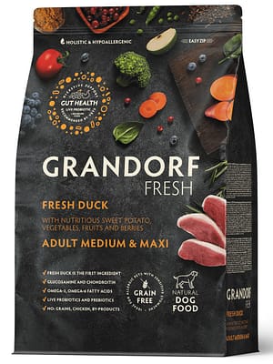 grandorf_fresh_duck_meat_sweet_potato_medium_maxi_breeds 3 kg. Grandorf Fresh teraviljavaba täissööt keskmist ja suurt kasvu täiskasvanud koertele värske pardiliha & bataadiga