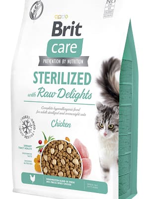8595602575343.jpg 2 kg. Brit Care Sterilized with Raw Delights teraviljavaba täissööt steriliseeritud/kastreeritud kaaluprobleemidega kassidele kanalihaga