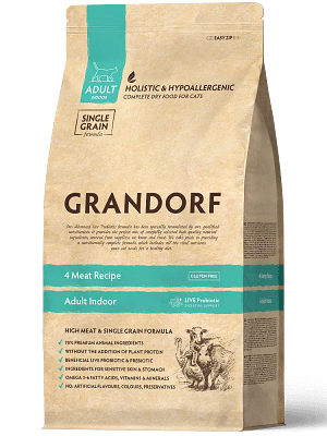 GD-Cat-4-meat-indoor 2 kg. Grandorf Cat 4 lihaga täistoit tubastele täiskasvanud kassidele (kalkuni-, pardi-, metsseia-ja lambalihaga)