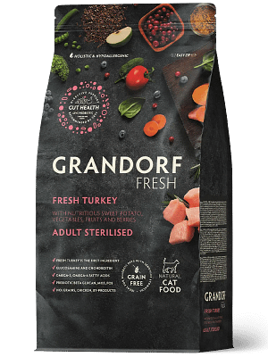 GD-Cat-Fresh-Turkey-Sterilized 2 kg. Grandorf Cat Fresh teraviljavaba täissööt steriliseeritud/kastreeritud täiskasvanud kassidele kalkuniliha & bataadiga