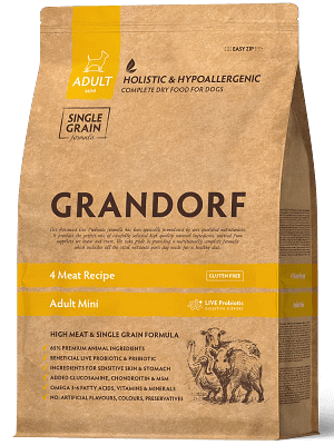 GD-Dog-4-Meat-Mini-breed 3 kg. Grandorf 4 erineva lihaga gluteenivaba täissööt väikest kasvu täiskasvanud koertele (lamba-, kalkuni-, pardi- & metssealihaga)