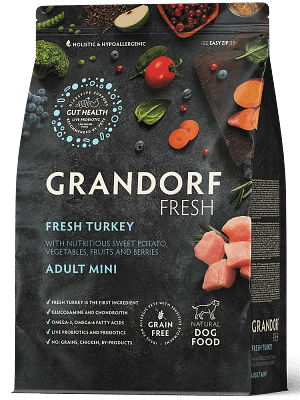 GD-Dog-Fresh-Turkey-mini-Adult 3 kg. Grandorf Fresh teraviljavaba täissööt täiskasvanud väikest kasvu koertele värske kalkuniliha & bataadiga