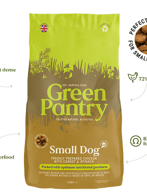 Small-Dog-update-1 1,5 kg. Green Pantry teravilja-ja keemiavaba täissööt kanaliha & porgandiga väikest kasvu koertele alates 8. elunädalast