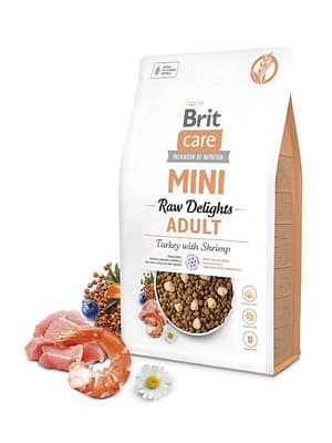 8595602571321.jpg 2 kg. Brit Care Mini Raw Delights teraviljavaba täissööt väikest kasvu täiskasvanud koertele kalkuniliha & krevettidega