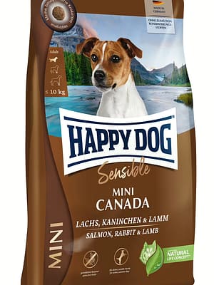 Mini-Sensible-Canada 4 kg. Happy Dog Sensible Mini Canada teraviljavaba täissööt väikest kasvu täiskasvanud koertele lõhe, küüliku-& lambalihaga