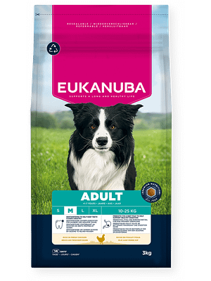 01234 3 kg. Eukanuba täissööt keskmist kasvu täiskasvanud koertele kana-ja kalkunilihaga