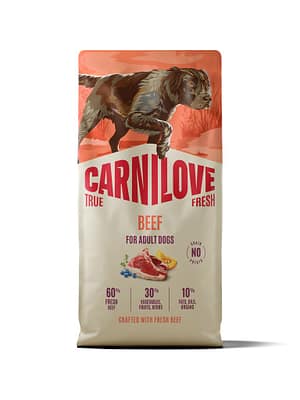 8595602581801.jpg 12 kg. Carnilove True Fresh teravilja-ja kartulivaba täissööt igas suuruses täiskasvanud koertele värske veiselihaga