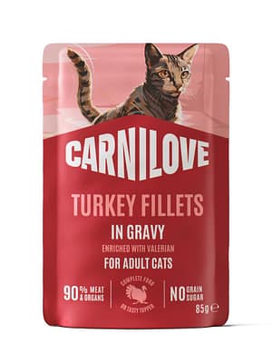 8595602582679.jpg 85 gr. Carnilove Turkey Gravy with Valerian teraviljavaba märgtoit täiskasvanud kassidele kalkuniliha & palderjaniga