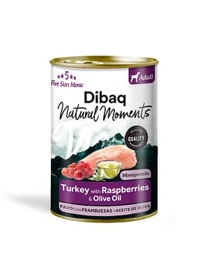 dibaq-natural-moments-adult-turkey-with-raspberry 380 gr. Dibaq Natural Moments 5 Star teraviljavaba konservsööt igas suuruses täiskasvanud koertele kalkuniliha & vaarikatega