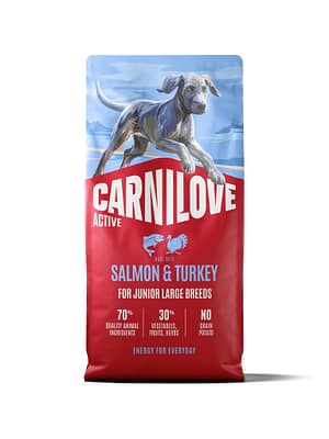 8595602581412.jpg 12 kg. Carnilove Active teravilja-ja kartulivaba täissööt suurt kasvu aktiivsetele kutsikatele lõhe & kalkunihaga