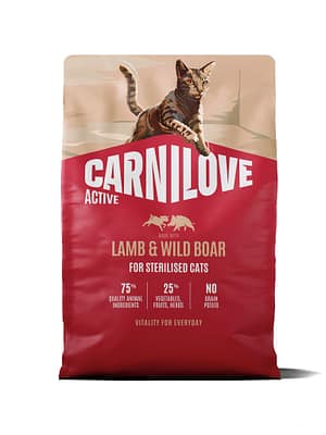 8595602581450.jpg 2 kg. Carnilove Active teravilja-ja kartulivaba täissööt steriliseeritud/kastreeritud kassidele lamba-& metssealihaga
