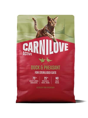 8595602581757.jpg 2 kg. Carnilove Active teravilja-ja kartulivaba täissööt aktiivsetele steriliseeritud/kastreeritud täiskasvanud kassidele pardi-& faasanilihaga